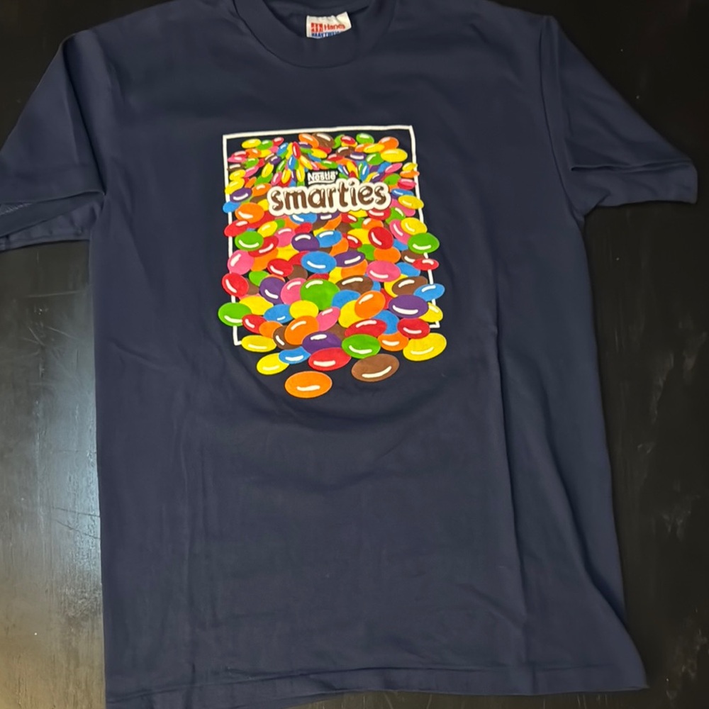 Vintage Hanes Heavyweight Kids Navy Smarties single stitched T-Shirt size L